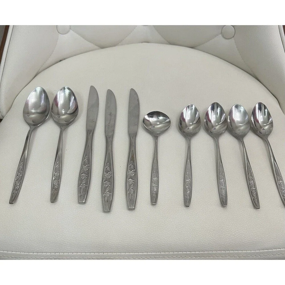Vintage! EKCO Eterna Rose Cotillion Stainless Flatware Set 10pc Knife & Spoon